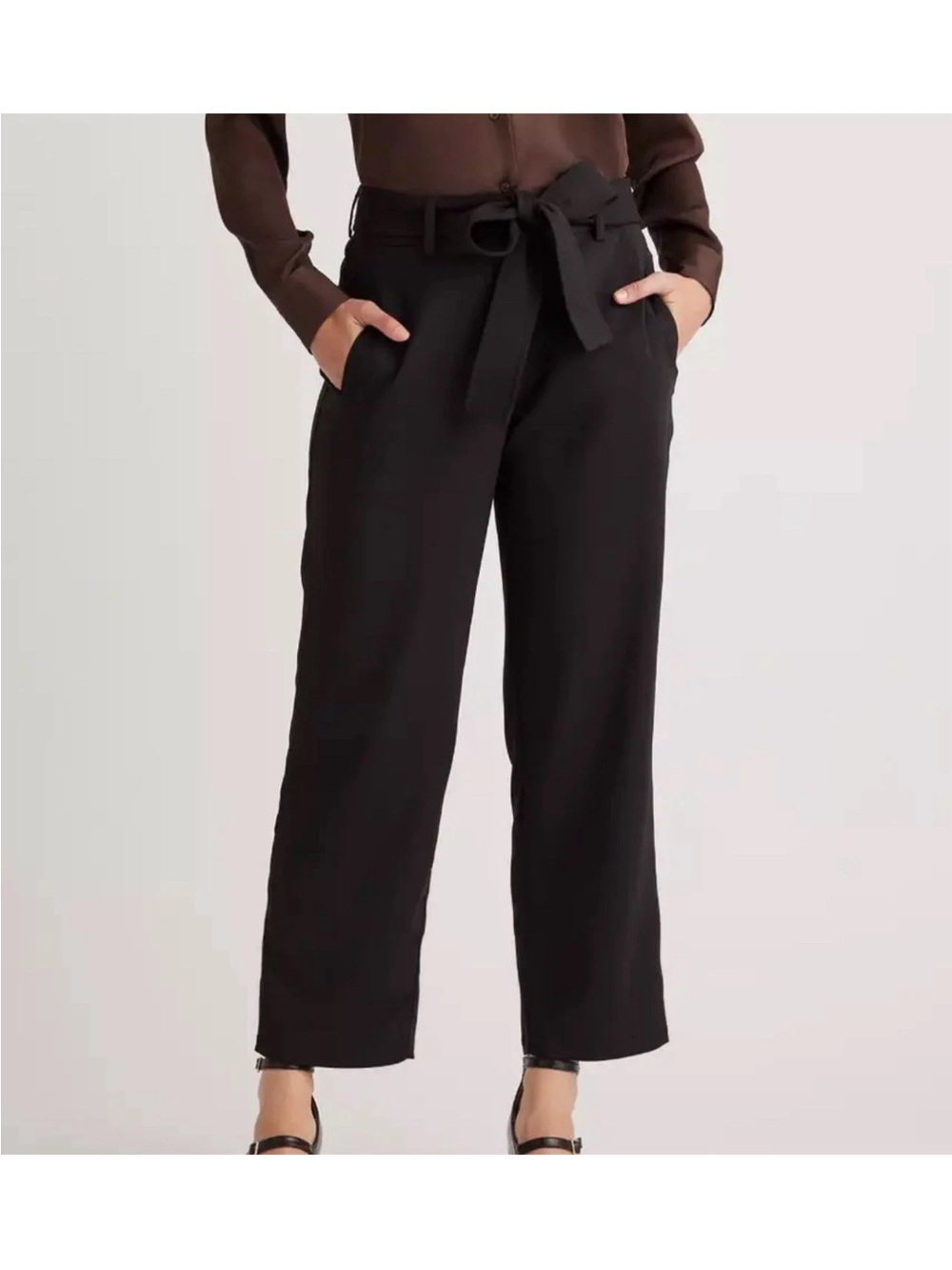 Quince Stretch Crepe Paperbag Ankle Pant Wide Leg Black Sz 6 NWT